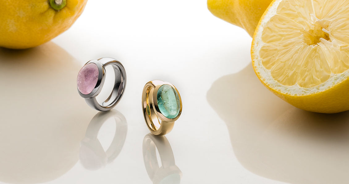 Morganitring rosa Cabochon in 750er Weißgold ﹒Turmalinring Cabochon in 750er Gelbgold